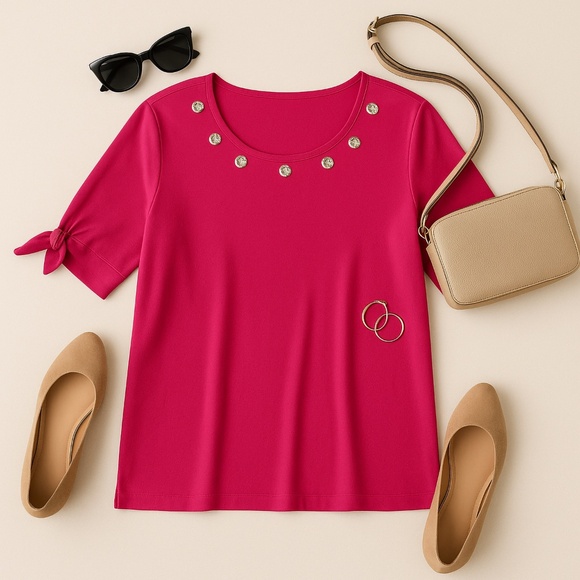 Quacker Factory Pink Knit Grommet Top Rhinestone Split Sleeve 1X - Picture 2 of 9